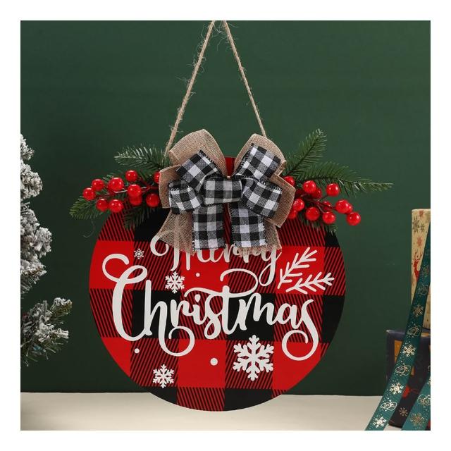 【摩達客】耶誕 木質紅黑格紋紅果聖誕快樂吊飾 單面(聖誕節 居家布置 聖誕樹 裝飾)