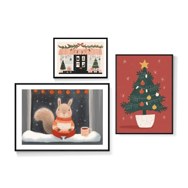 【菠蘿選畫所】聖誕小兔與熱可可三幅聯畫組合(聖誕插畫/聖誕小物/聖誕交換禮物/耶誕節節慶/)
