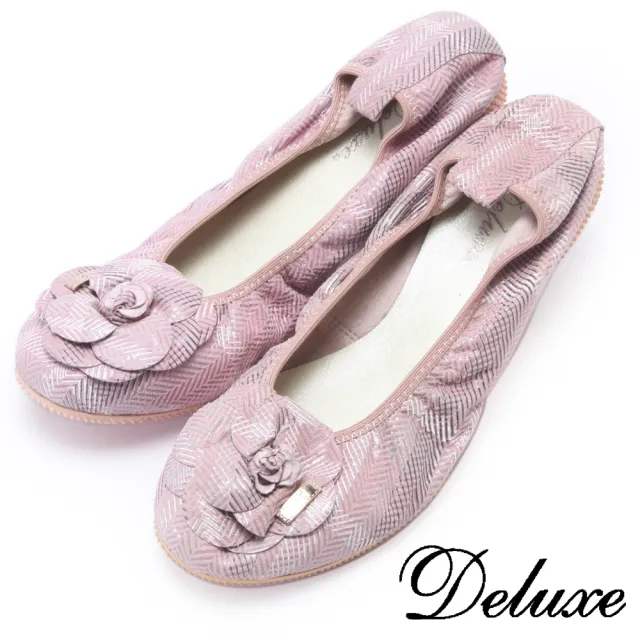 【Deluxe】全真皮薔薇花細線格紋平底鞋(灰★粉)
