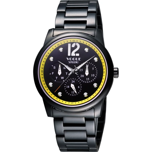 【VOGUE】都會時尚藍寶石日曆手錶-IP黑x黃/38mm(7V3834DY)