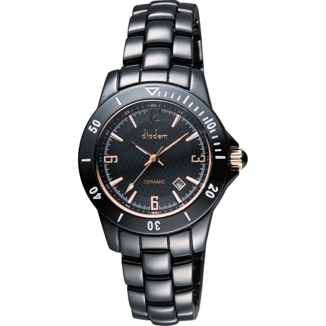 【Diadem】黛亞登 菱格紋雅緻陶瓷手錶-黑x玫塊金時標/35mm(8D1407-551RG-D)