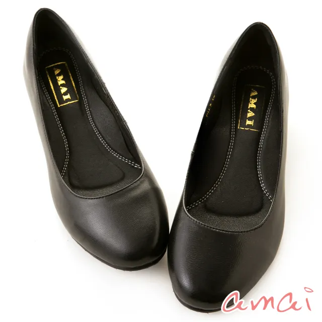 【amai】職場工作鞋。真羊皮柔軟夾心寬圓頭低跟鞋(黑)