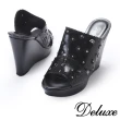 【Deluxe】可愛縷空花朵水鑽楔行拖鞋(黑)