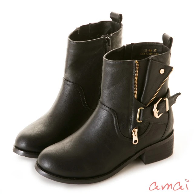 【amai】復古刷色皮帶裝飾彈性中筒靴(黑)