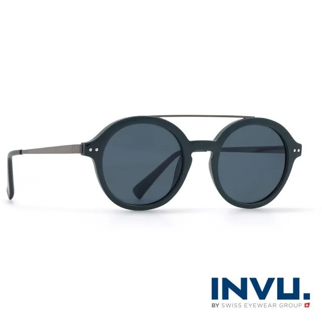【INVU瑞士】來自瑞士濾藍光偏光復古雙樑圓框聯名款太陽眼鏡(墨綠 M2802C)
