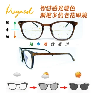 【MEGASOL】年輕文青大框中性木紋老花眼鏡變色墨鏡太陽眼鏡(歐美極簡木紋褐框-BSＭＷ-JJ1-BR)