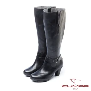 【CUMAR】柔美軍裝風-側拉練牛仔皮環裝飾防水台粗跟長靴(黑色)
