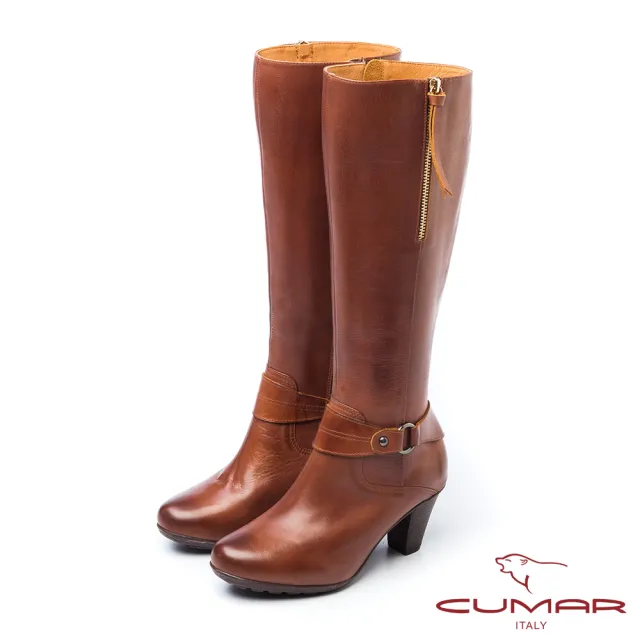 【CUMAR】柔美軍裝風-側拉練牛仔皮環裝飾防水台粗跟長靴(棕色)