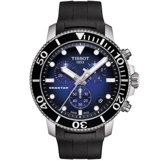 【TISSOT 天梭】Seastar 1000海洋之星水鬼300米潛水三眼計時錶-45mm/藍x黑(T1204171704100)
