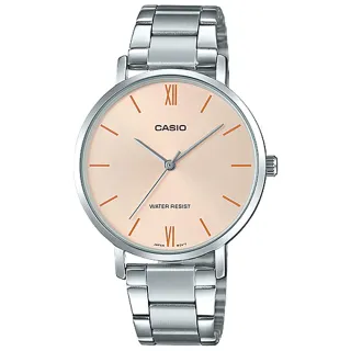 【CASIO 卡西歐】簡約指針女錶 不鏽鋼錶帶 粉色錶面 日常生活防水(LTP-VT01D-4B)