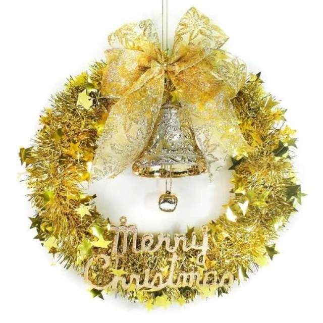 【摩達客】耶誕-14吋金蔥聖誕星星花圈(純金系/輕巧免組裝/本島免運費)