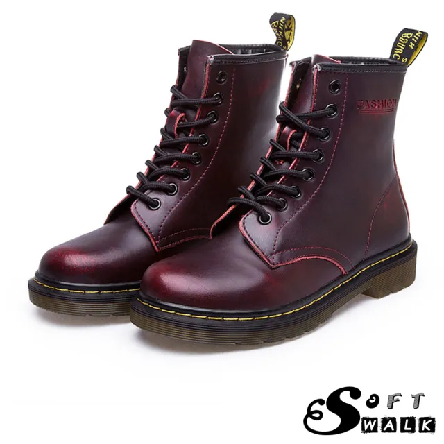 Soft Walk 舒步 歐美經典款8孔綁帶真皮馬丁靴短靴工程靴 擦色酒紅 Momo購物網