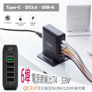 【MINIQ】智慧6埠高速充電器(支援QC3.0 /Type-C充電/Type-C充電)