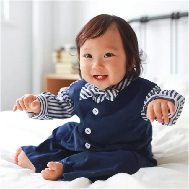 【baby童衣】任選 條紋紳士造型假三件長袖連身衣 70108(藏藍)