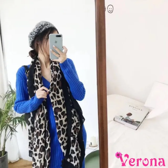 【Verona】韓版時尚豹紋包邊百搭棉麻絲巾圍巾