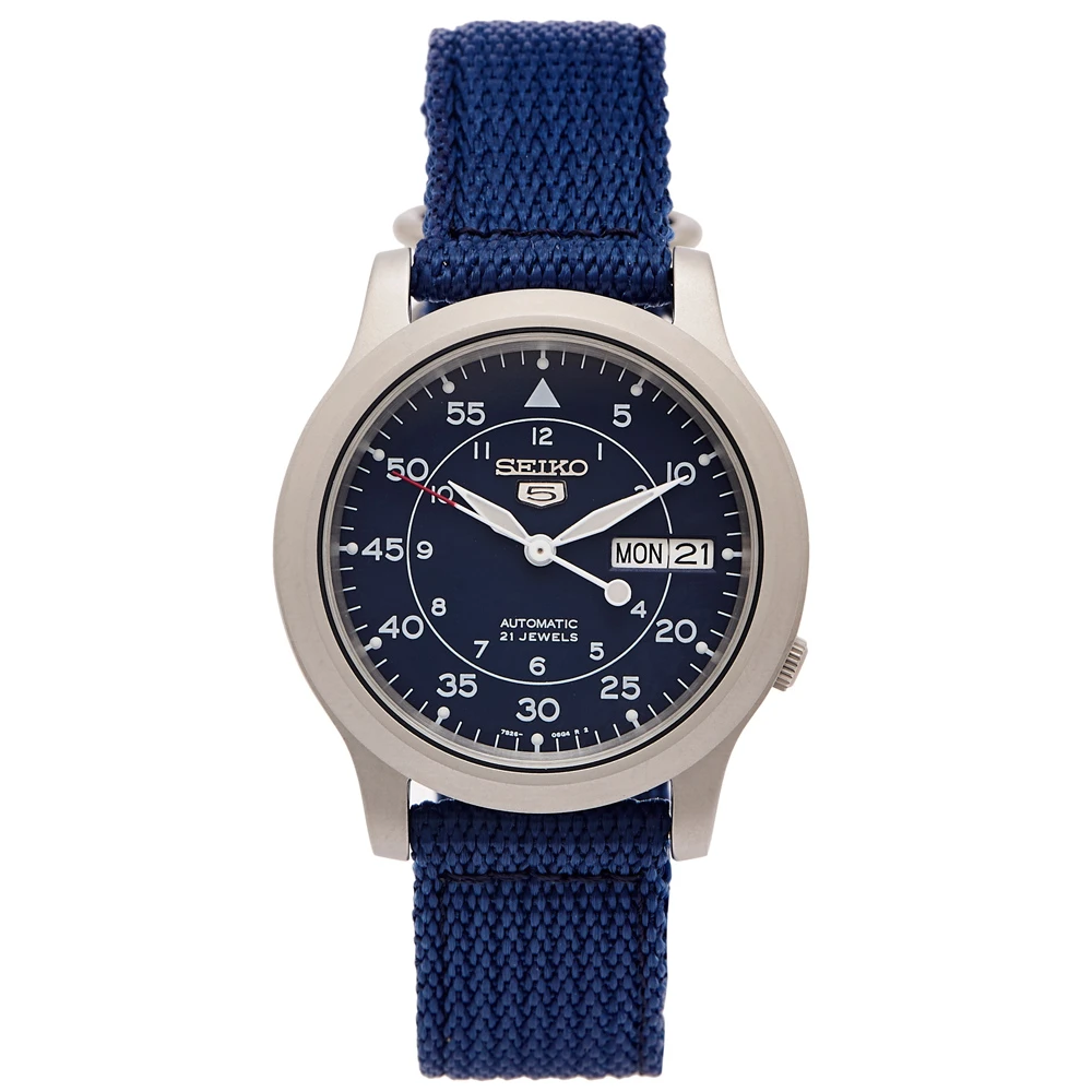 【SEIKO 精工】5號盾牌軍藍色帆布機械手錶-藍面X藍色/37mm(SNK807K2)