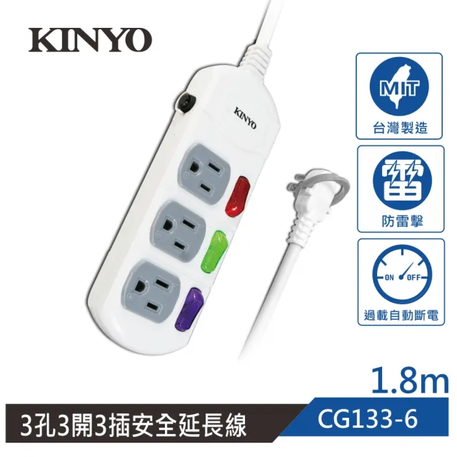 【KINYO】6開6插+3開3插安全延長線1.8M(CG1666+CG1336)