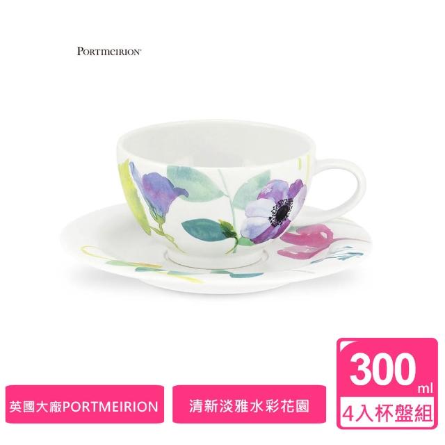 【Portmeirion 波特玫琳恩】WATER GARDEN水彩花園300ML杯盤4入組(實用午茶組)