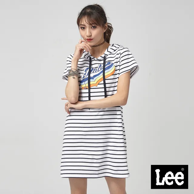 【Lee 官方旗艦】女裝 休閒短袖洋裝 / 棉質連帽 條紋(LL1901549PB)