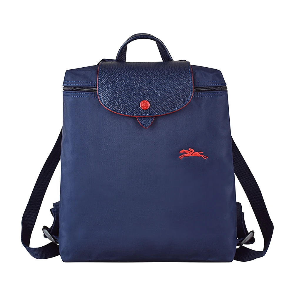 【LONGCHAMP】LONGCHAMP COLLECTION系列刺繡LOGO尼龍摺疊款手提後背包(深藍x紅)