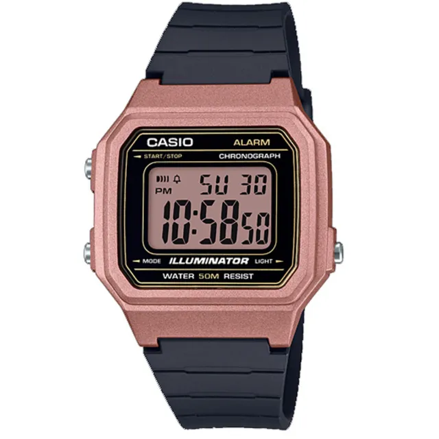 【CASIO 卡西歐】方形機能性設計感電子錶-玫瑰金框(W-217HM-5A)