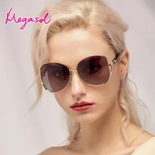 【MEGASOL】UV400防眩偏光太陽眼鏡時尚女仕大框矩方框墨鏡(魅力簍空金屬鑲鑽狐狸框GY-3151-多色選)
