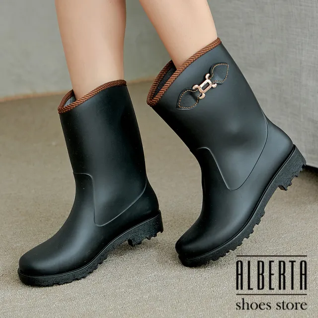 【Alberta】雨鞋-MIT台灣製純色百搭扣環造型設計高筒舒適雨天必備雨靴