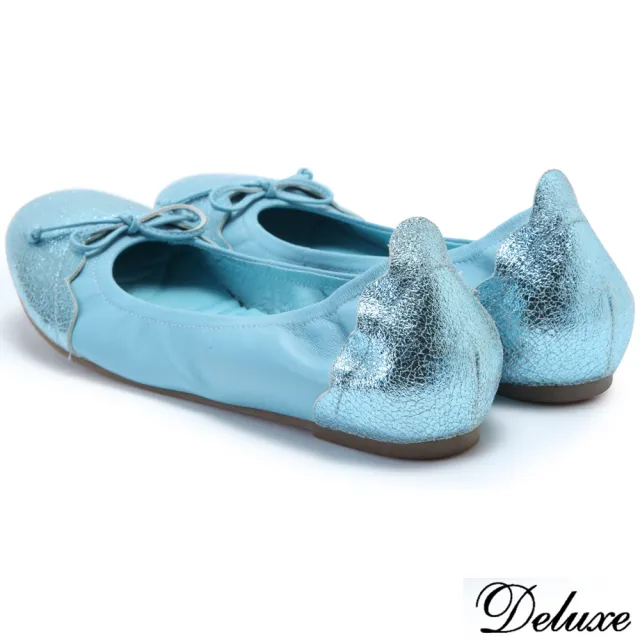 【Deluxe】全真皮花瓣邊蝴蝶結內增高包鞋(藍)