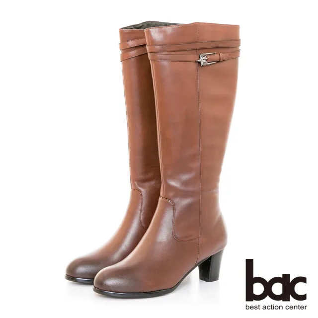 【bac】中性時尚擦色感星星皮帶環粗跟長靴(咖啡棕色)