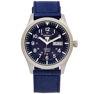 【SEIKO 精工】盾牌5號的帆布錶帶機械手錶-藍面X藍色/42mm(SNZG11K1)