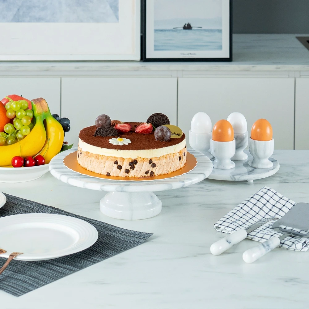 Creative Home 白色天然大理石 30.5公分 高腳圓形轉盤 蛋糕轉台 蛋糕盤 點心盤 插花轉盤