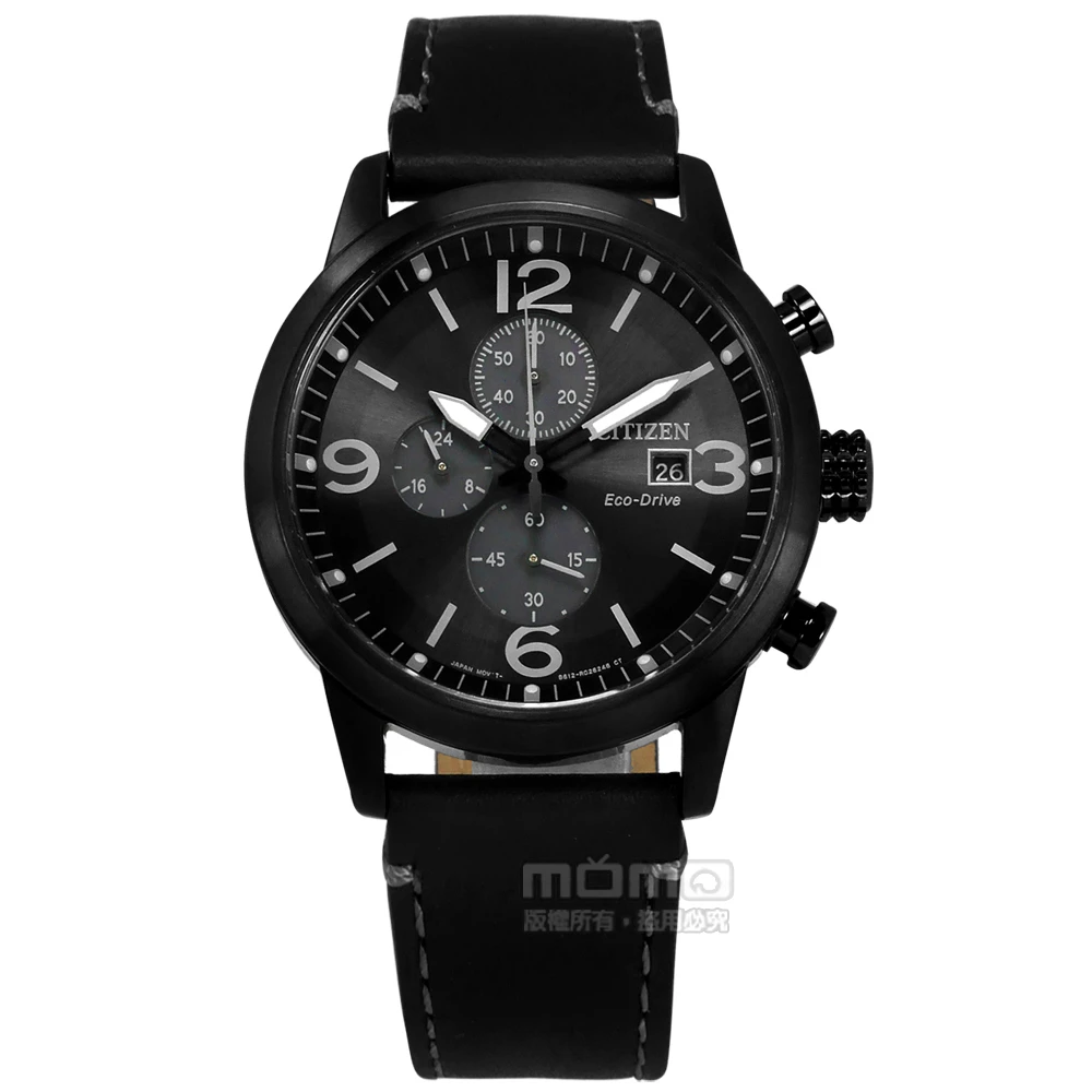 光動能 三眼三針 計時碼錶 防水100米 小牛皮手錶 黑色 43mm(CA0617-29E)