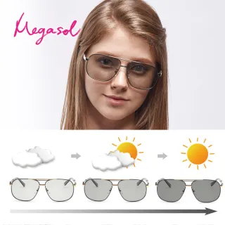 【MEGASOL】寶麗萊UV400偏光矩方金屬雷X太陽眼鏡(感光智能變色日夜全天候適用BS0960-三色選)