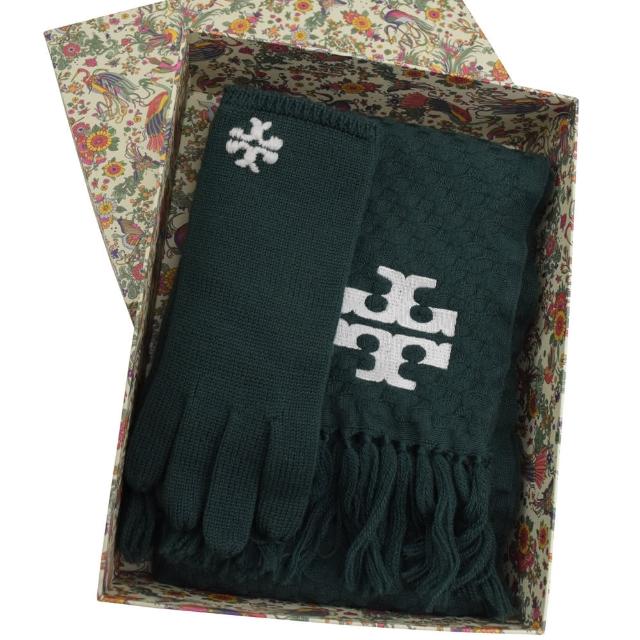 TORY BURCH【TORY BURCH】字母雙T純羊毛針織圍巾手套禮盒組(綠)