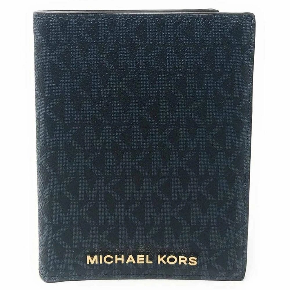 【Michael Kors】JET SET TRAVEL深藍滿版MK LOGO PVC對折式旅行護照套
