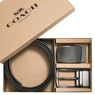 【COACH】黑灰經典LOGO雙扣頭雙面用皮帶禮盒組