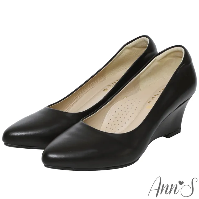 【Ann’S】通勤魅力-精品小羊皮楔型坡跟尖頭包鞋(黑)