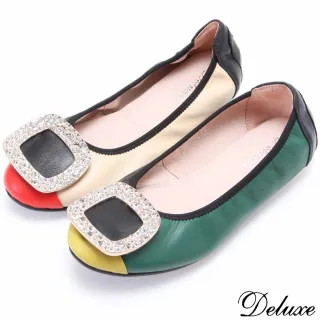 【Deluxe】全真皮韓系流行撞色風格方形飾扣娃娃鞋(綠)