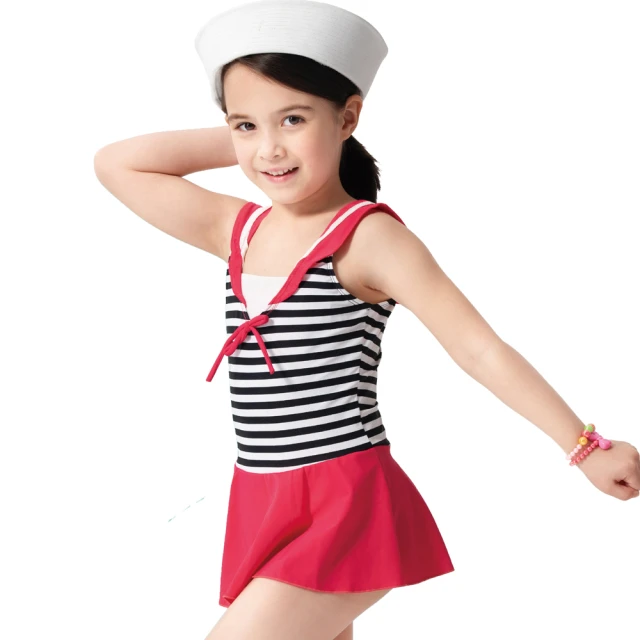 【沙兒斯】黑白橫紋水手造型連身裙式女童泳裝(兒童泳裝)