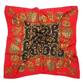 【Dior 迪奧】歐風繁華圖騰墜飾方型絲巾(紅色)