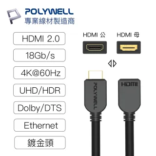 【POLYWELL】HDMI延長線 2.0版 2M 公對母 4K60Hz UHD HDR ARC(適合家用/學校/辦公室)