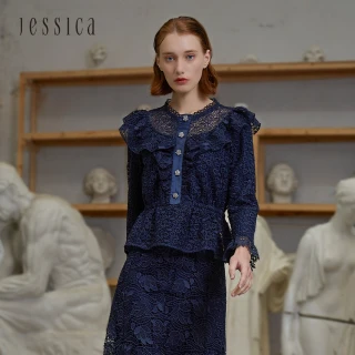【JESSICA】甜美浪漫精緻鏤空蕾絲荷葉邊長袖襯衫（深藍）205138