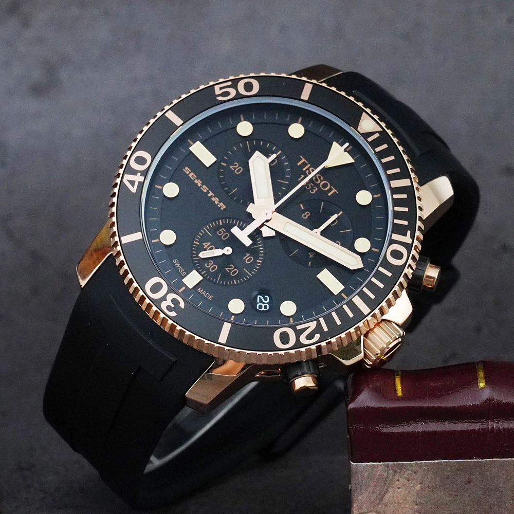 【TISSOT 天梭】水鬼 Seastar 1000 海洋之星300米計時手錶-黑x玫塊金框(T1204173705100)