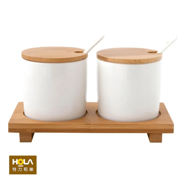 【HOLA】簡約陶瓷調味罐附匙2入組附托盤