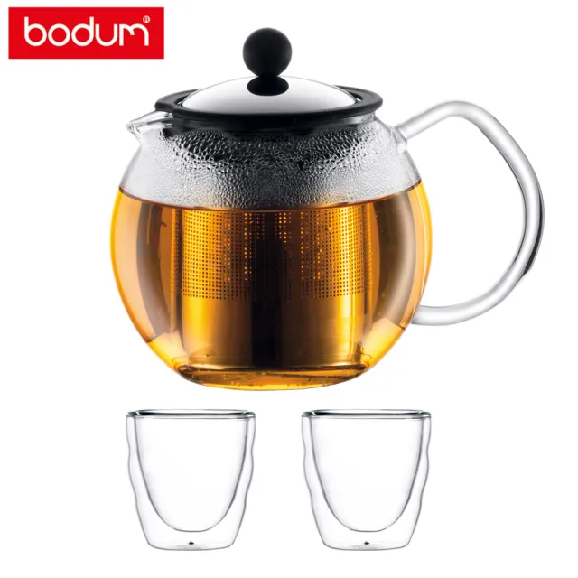【Bodum】壓濾式茶壺-500cc/不鏽鋼蓋+雙層玻璃杯組80cc/