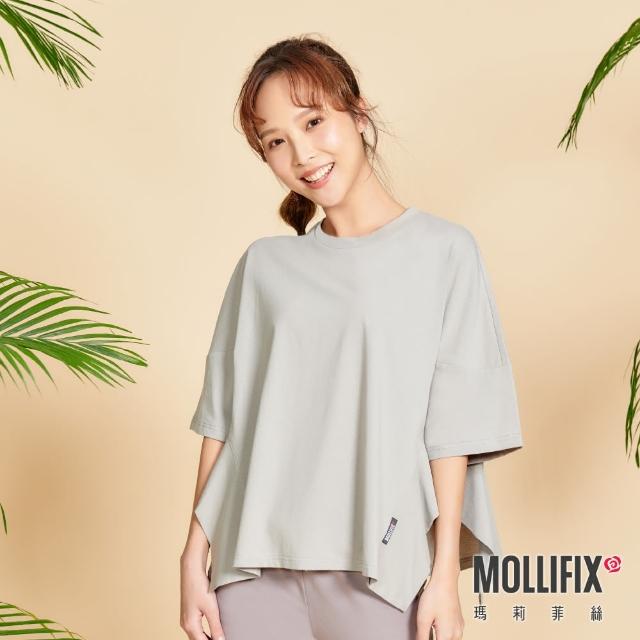 【Mollifix 瑪莉菲絲】寬版不規則下擺短袖上衣(灰)