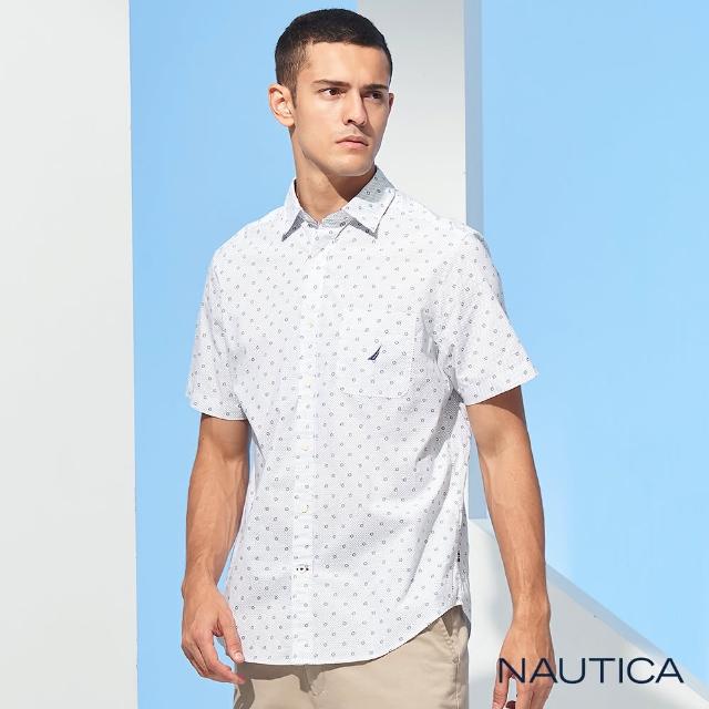 【NAUTICA】男裝科技滿版螺旋印花短袖襯衫(白)