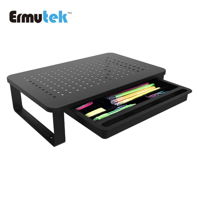 第03名 【Ermutek】桌上型螢幕收納架-多功能螢幕增高架+抽屜設計方便收納-金屬材質穩固耐用(黑)