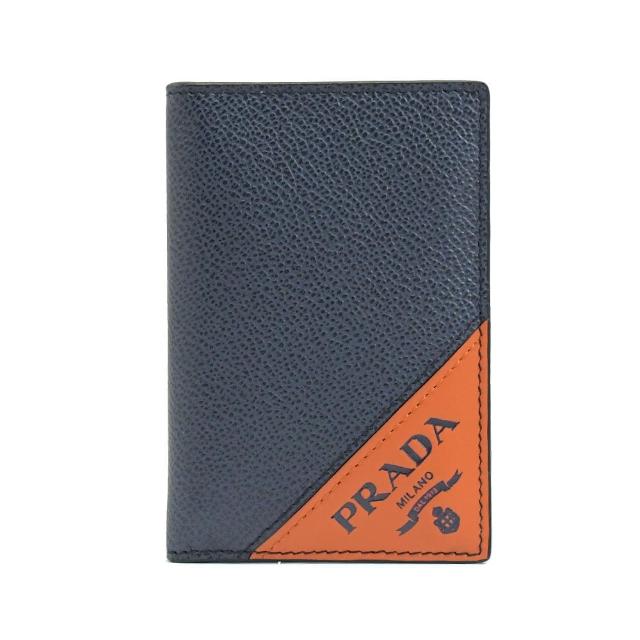 【PRADA 普拉達】經典LOGO撞色牛皮信用卡名片夾(深藍/橘)