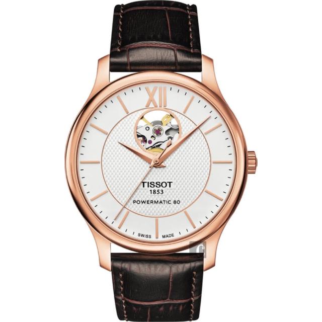 【TISSOT 天梭】天梭 Tradition 80小時動力鏤空機械腕錶-銀x玫塊金框/40mm(T0639073603800)